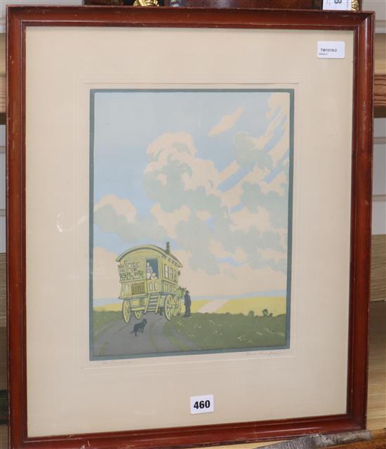 John Hall Thorpe (1874-1947), The Caravan, coloured woodcut, titled and signed in pencil to the margin, 33.5 x 26.5cm